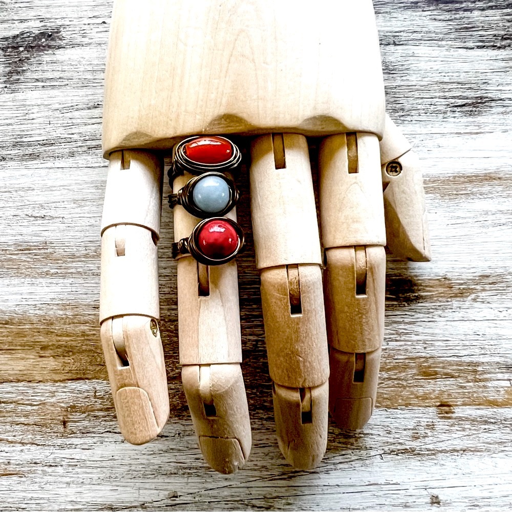 Boho Stacking Bronze Wire Ring Set Angelite Carnelian Jasper 9 or 9.5